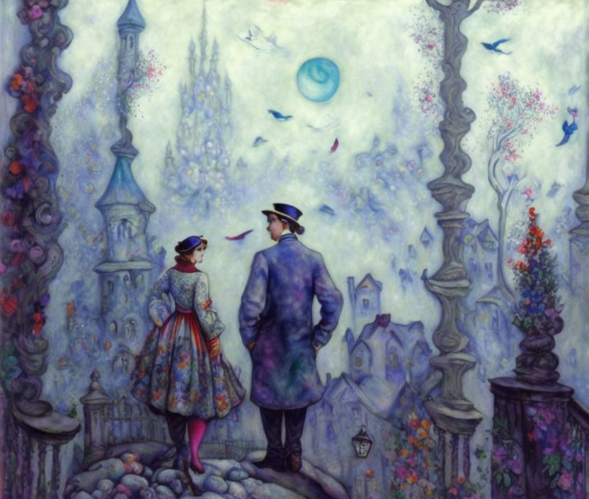 Whimsical painting of man and woman in vintage attire on stone path in dreamy landscape