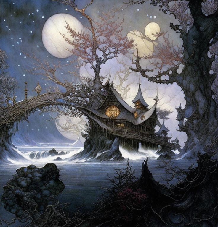 Fantasy illustration of grand house in tree under starry sky.