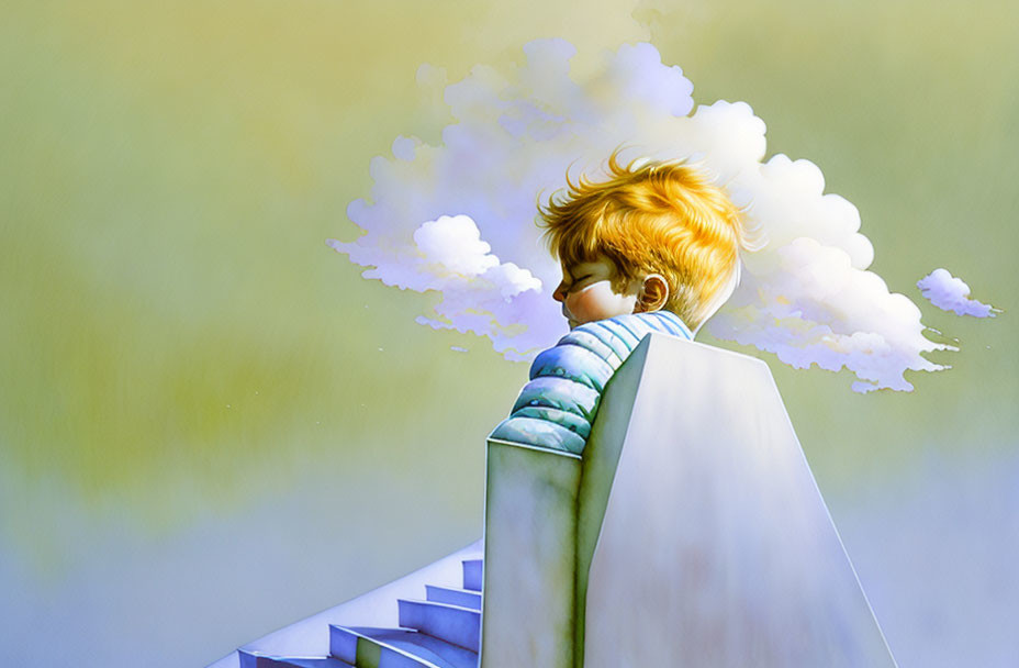 Blonde-Haired Boy Sitting on Stairs with Clouds and Green Background