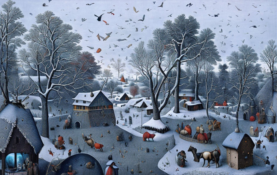 Snow-covered village with people, horses, and birds in wintry scene