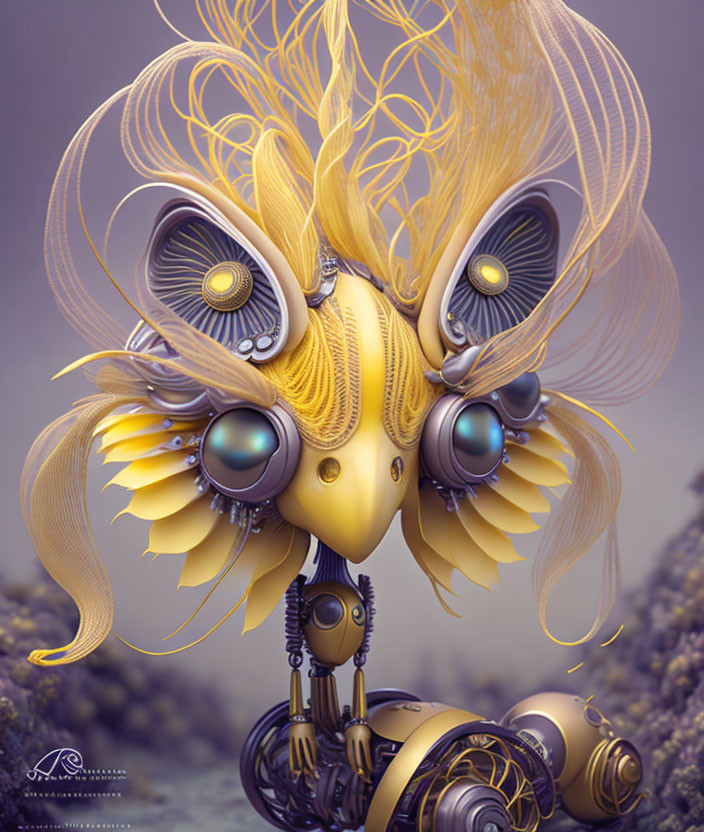 Intricate golden robotic bird on purple background