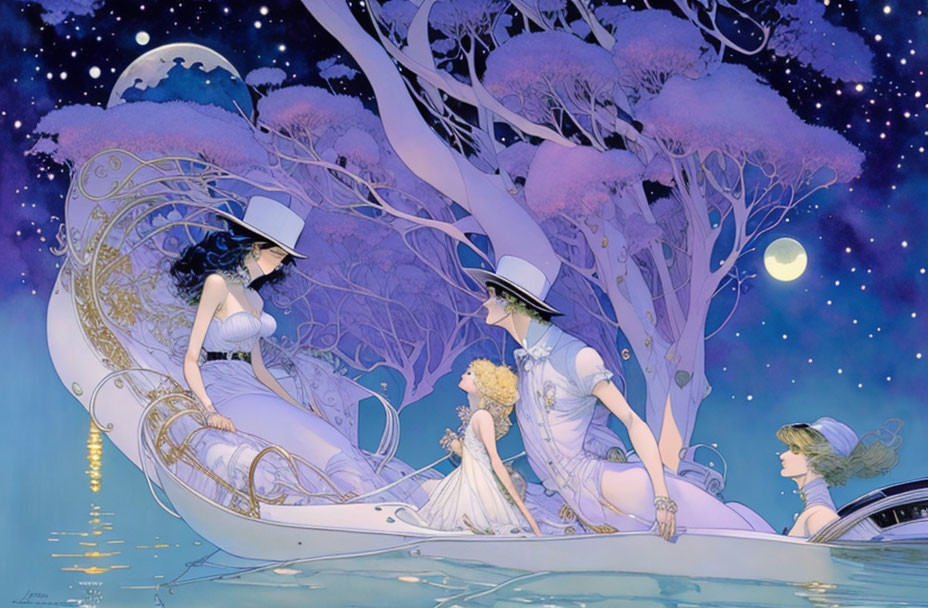 Elegant individuals on boat under moonlit sky with ornate designs