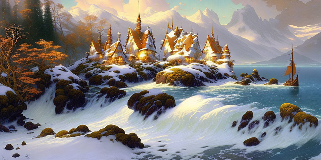 Glowing village by waterfall in tranquil fantasy landscape