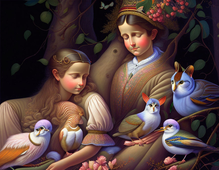 Ethereal females with birds in serene nature setting