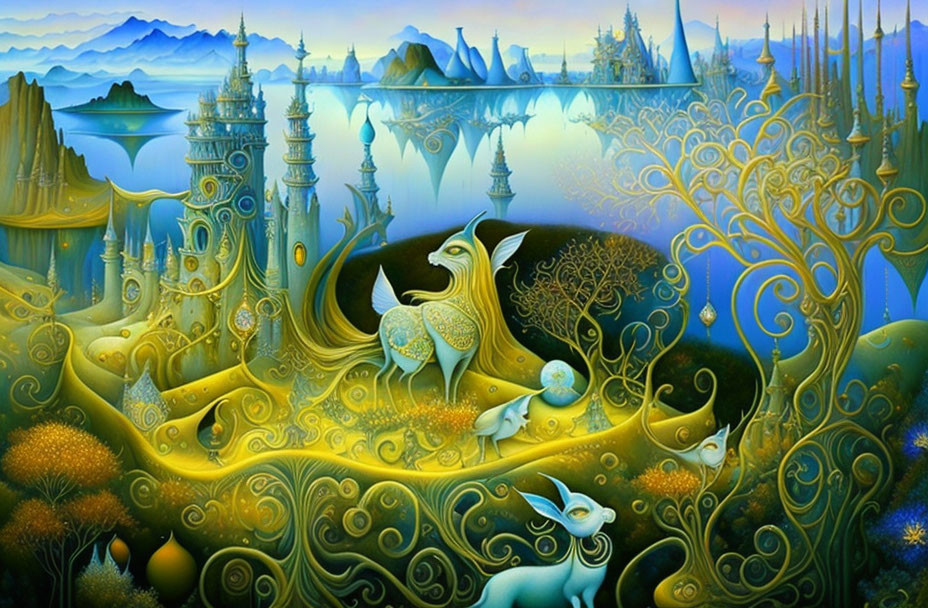 Fantastical landscape with golden patterns, mythical creatures, and reflective waters