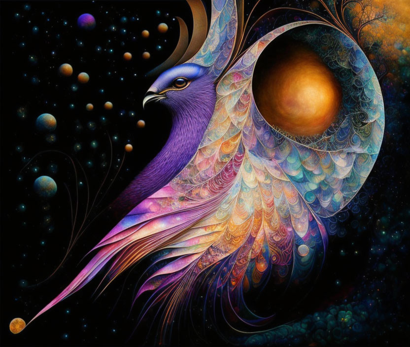 Majestic peacock surreal artwork with cosmic elements