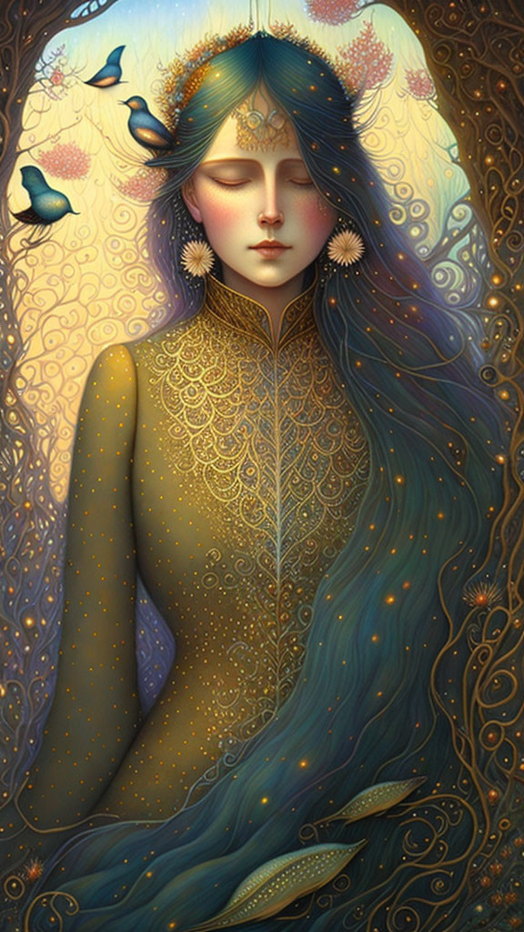 Ethereal woman with flowing hair, gold-patterned outfit, bluebirds, and ornate background