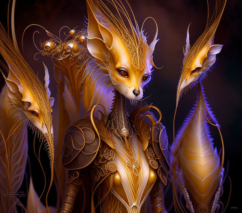 Three golden fox-like creatures with intricate designs in a dark setting