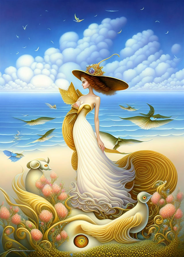 Surreal illustration: woman in flowing dress with sea motifs, wide-brimmed hat, birds