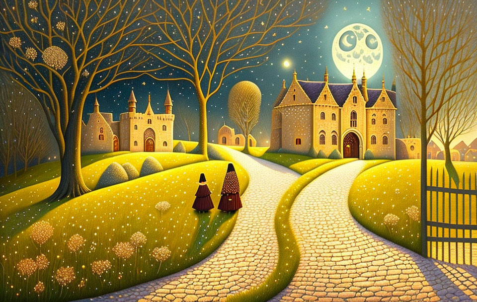 Starry night scene with figures walking towards castle