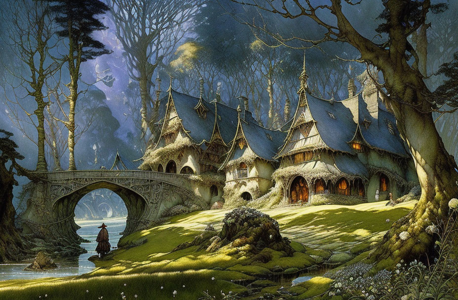 Enchanted cottage, spires, stone bridge, cloaked figure in fantasy landscape