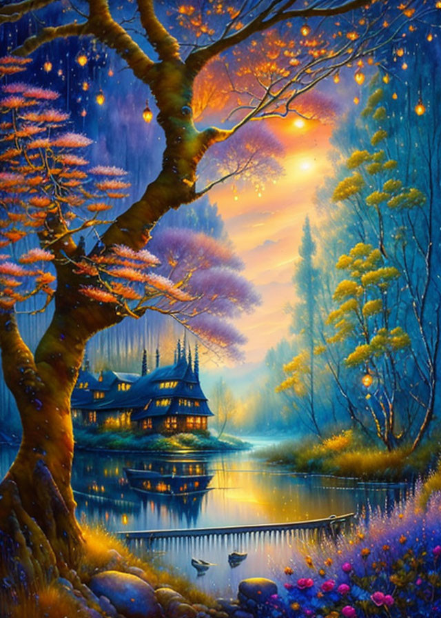 Colorful painting of mystical twilight scene with traditional house by serene lake, lush trees, glowing foliage,