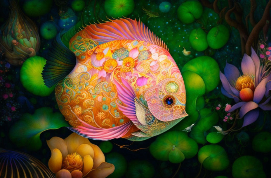 Colorful underwater scene with large ornate fish and lush flora