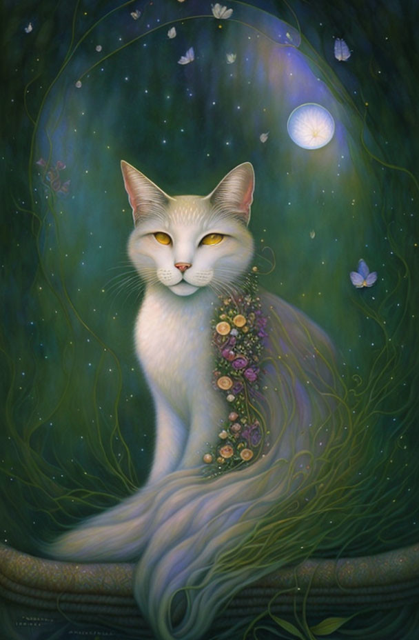 White and Tan Mystical Cat with Floral Pattern in Dreamy Green Setting