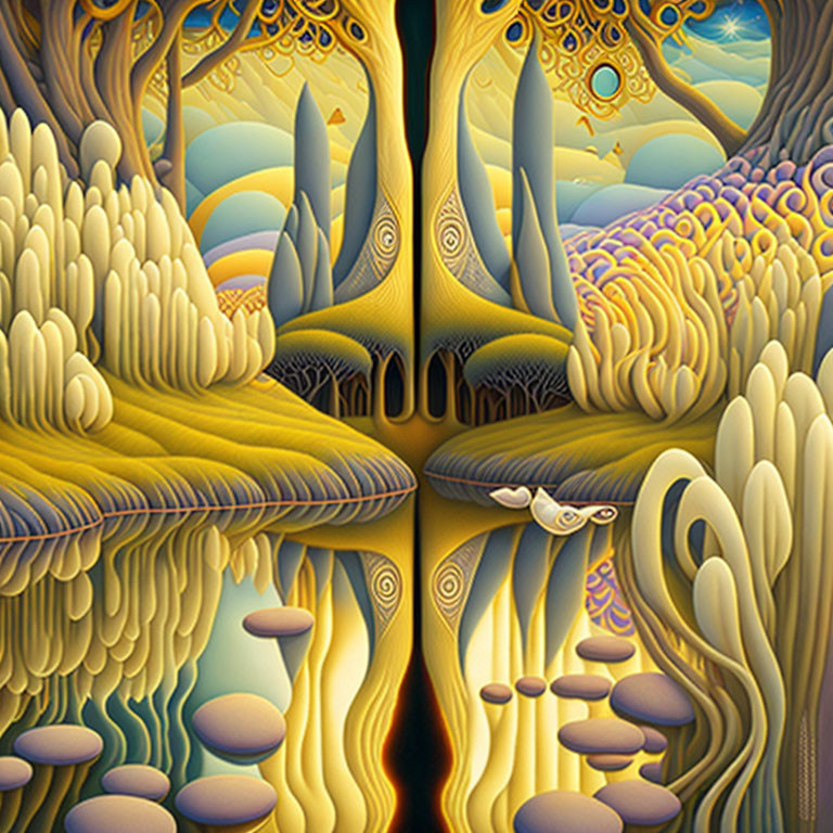 Vibrant surreal landscape with stylized trees and reflective water