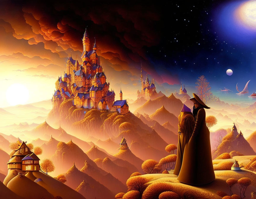 Cloaked figure in fantastical landscape with majestic castle and starry sky.