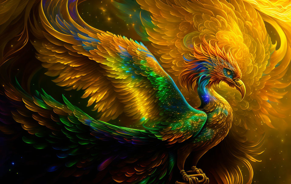 Colorful Mythical Bird with Iridescent Feathers on Fiery Background