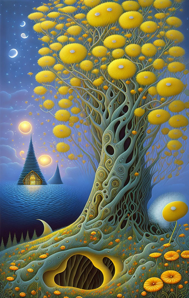 Fantastical painting: Lush tree, yellow canopies, starry night sky, crescent