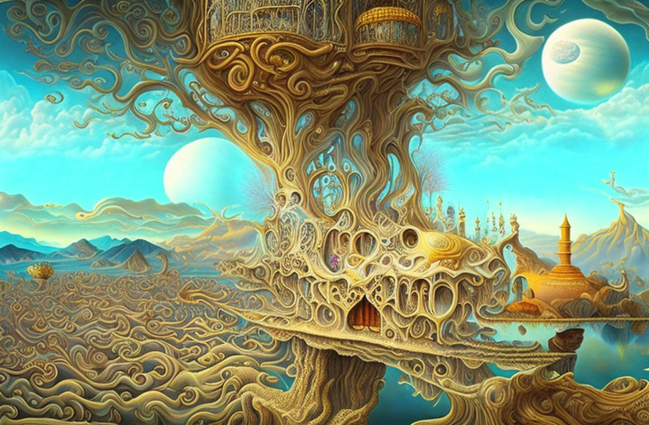 Surrealist landscape with intricate tree and fantastical structures