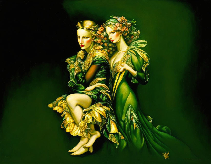 Two elegant women in green and gold dresses with intricate patterns and headdresses on dark green backdrop