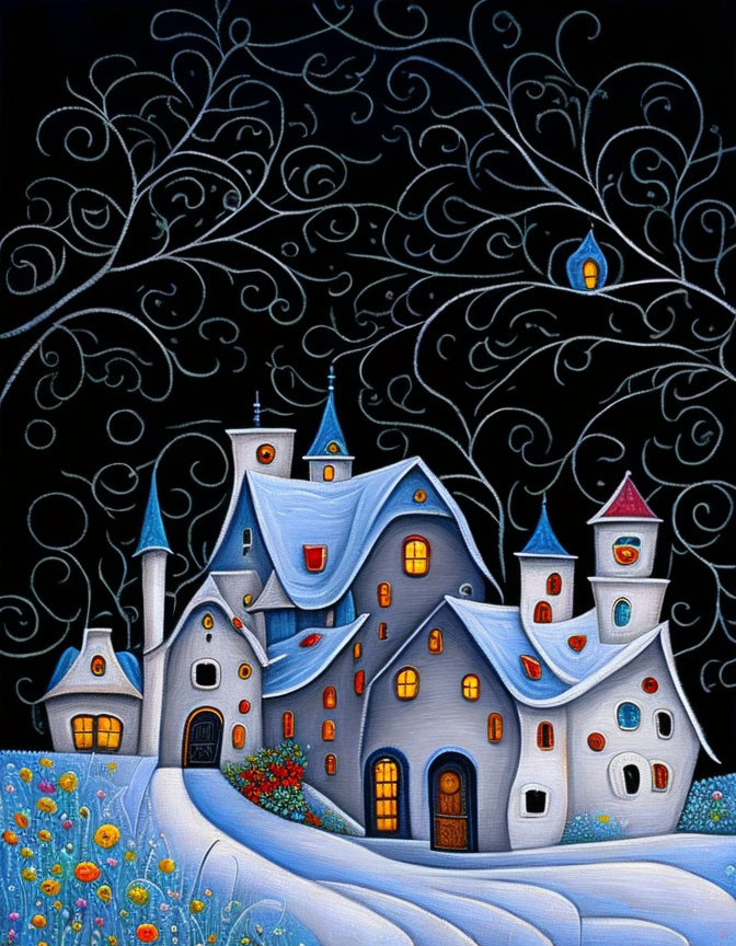 Fantastical blue castle painting under starry sky