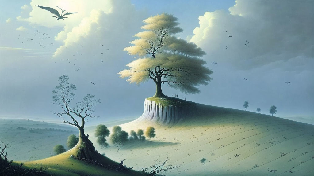 Surreal landscape with solitary tree, flying birds, and dawn-lit sky