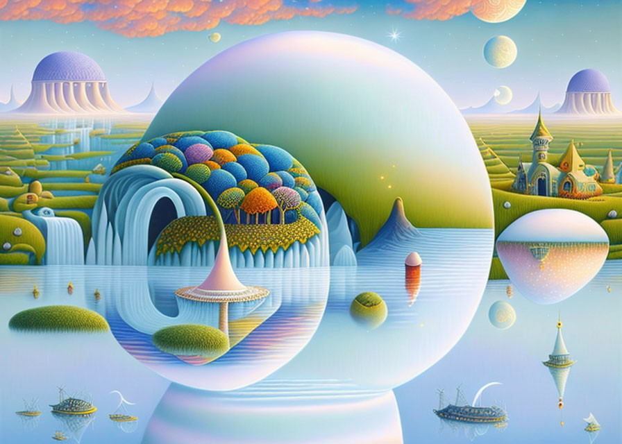 Vibrant surreal landscape with floating islands and reflective sphere