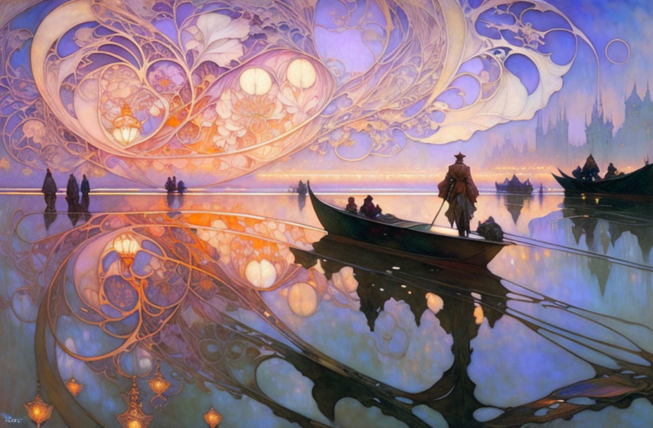 Boats on mirror-like water under ornate, glowing sky