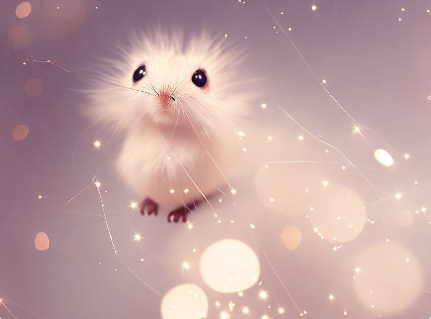 Fluffy white creature with expressive eyes in soft glowing lights