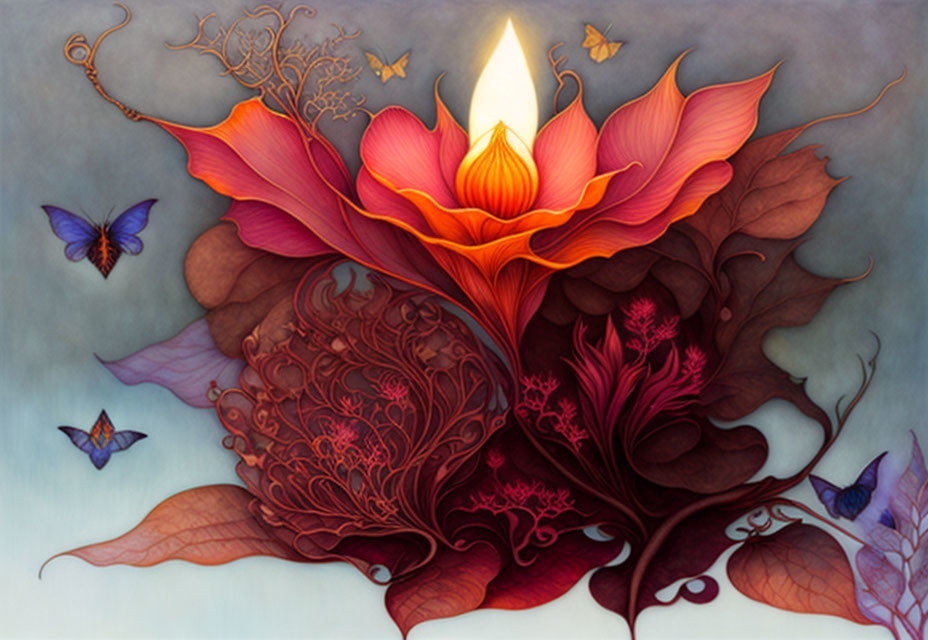 Detailed illustration: Blooming flower, candle center, intricate leaves, floating butterflies