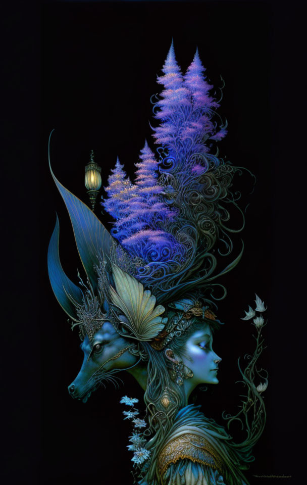 Ethereal artwork: Woman with elaborate headdress in mystical forest.