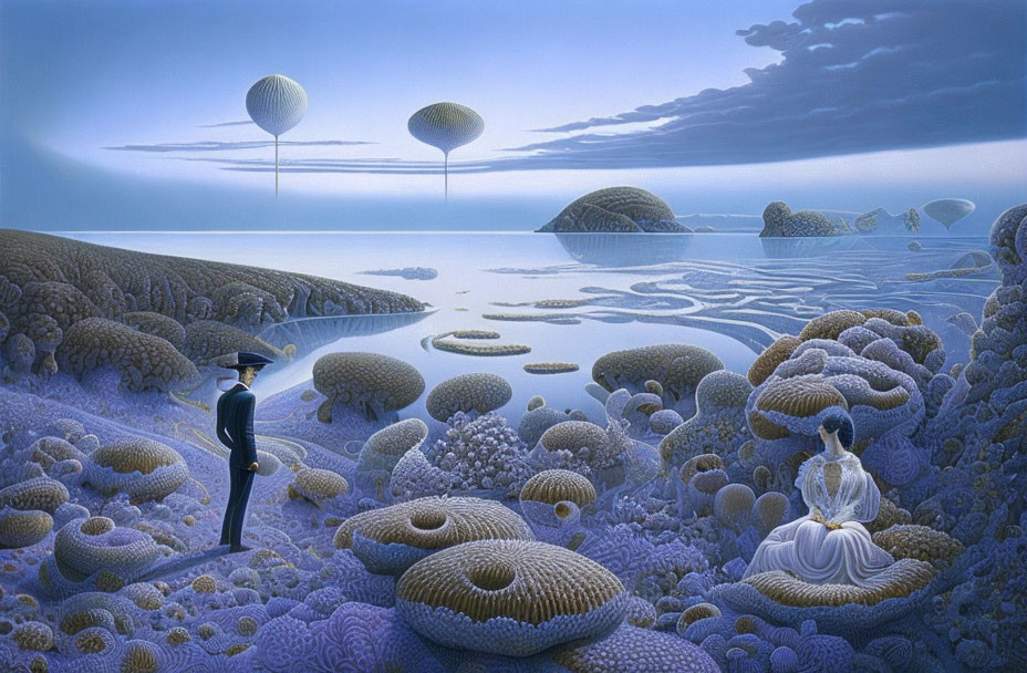 Surreal landscape with uniformed figure and coral-like structures by calm sea