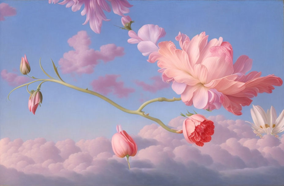 Whimsical painting of blooming vine in pink cloud-filled sky