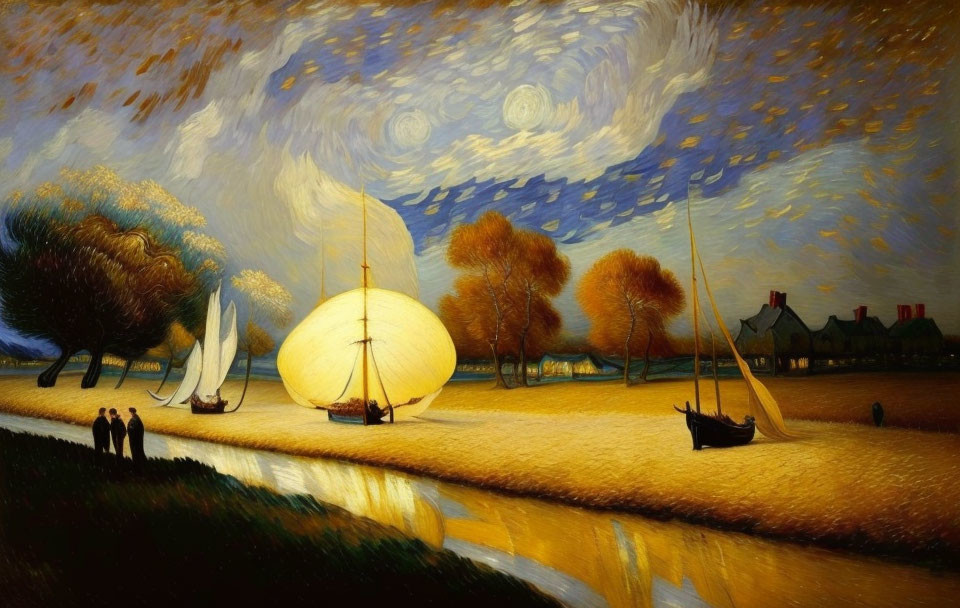 Stylized painting of sailing boats on a river with people under a Van Gogh-inspired sky