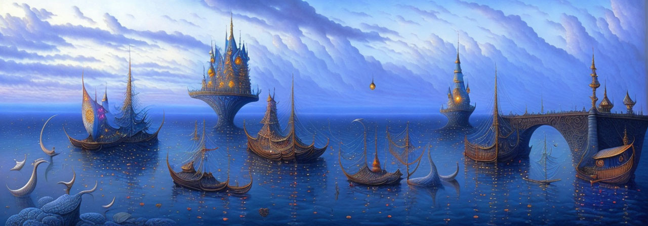 Fantastical seascape with ornate ships, castle, bridge, twilight sky, and glowing lantern