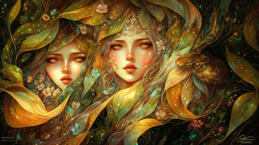 Ethereal female figures with floral elements in glowing autumnal setting