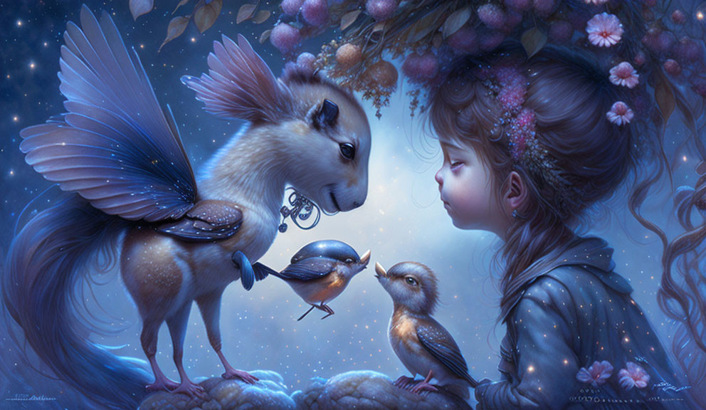 Fantasy illustration: Girl with winged squirrel and bird in magical nocturnal setting