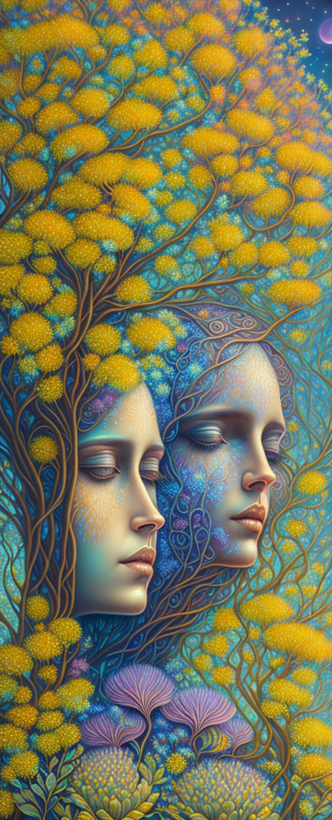 Illustration of serene faces with tree-like hair and yellow blossoms under starry sky