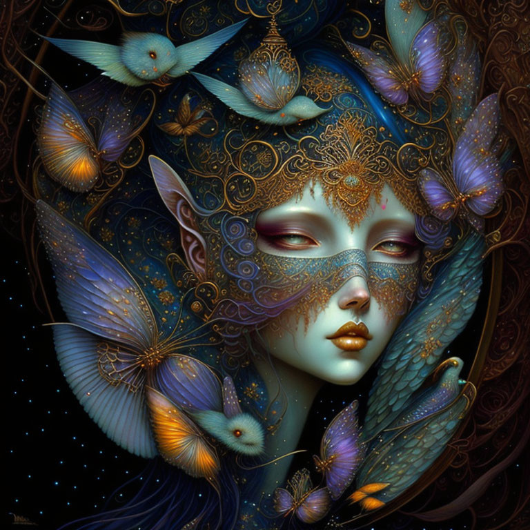 Fantasy illustration of female figure with blue skin and golden mask, surrounded by blue and gold butterflies.