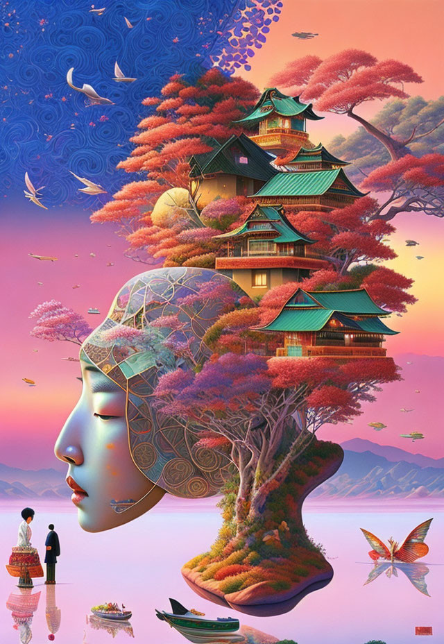 Colorful surreal artwork: woman's profile, brain-shaped tree, Asian buildings, figures, boats,