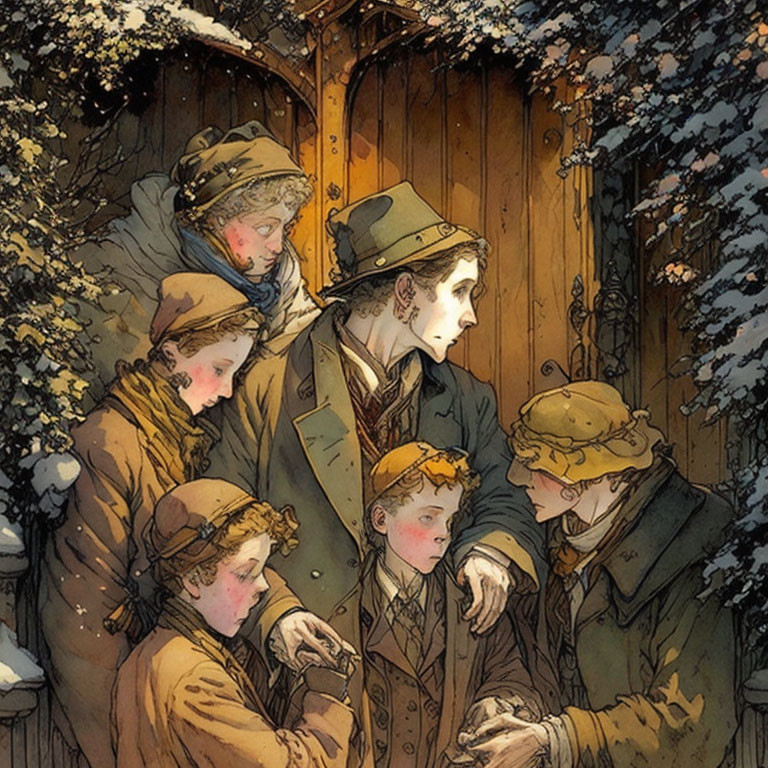 Group of People in Winter Clothing Watching Something by Wooden Door