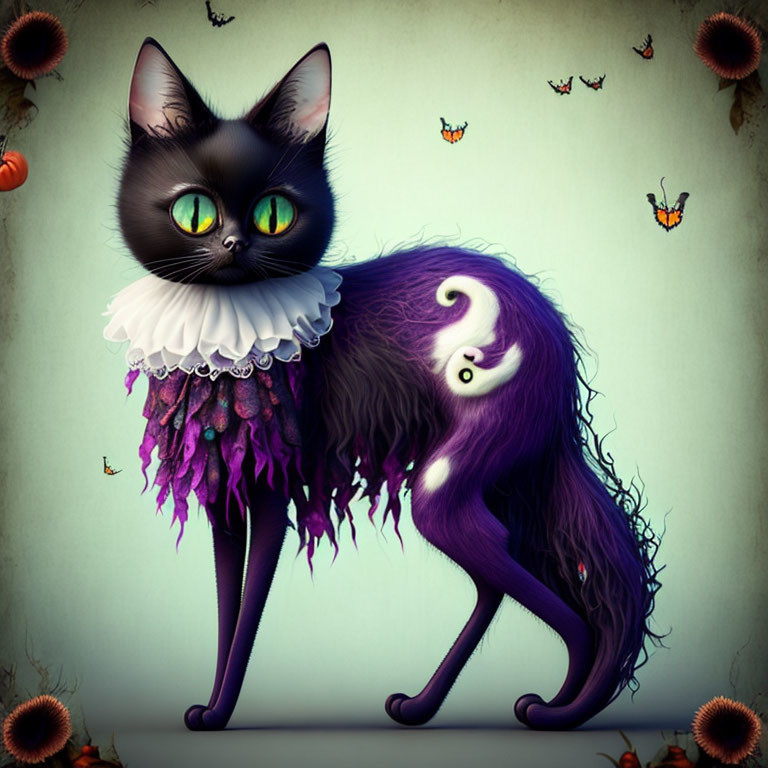 Fantastical black cat with green eyes, purple body, white ruff collar, and floating butterflies