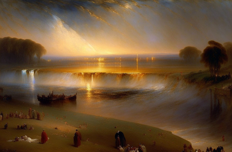 Romantic painting of sunset over waterfall with people and boats