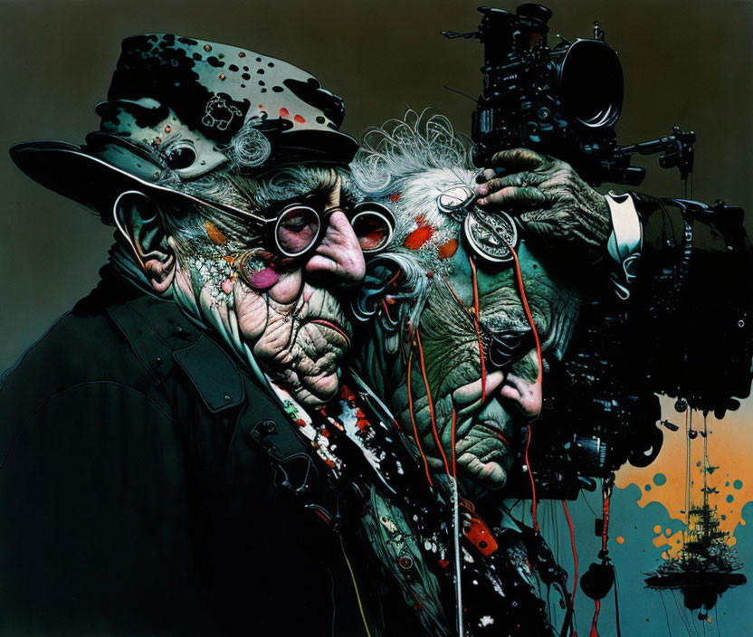 Elderly couple kissing with paint splatters, goggles, and camera setup.