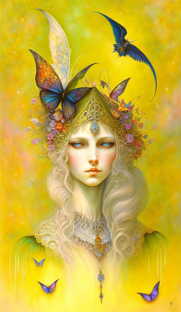 Portrait of woman with ornate butterfly headgear on warm yellow background