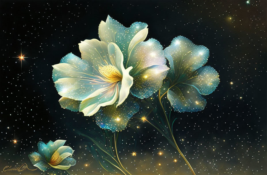 Digital Artwork: Cosmic Flowers with Starry Night Sky Design