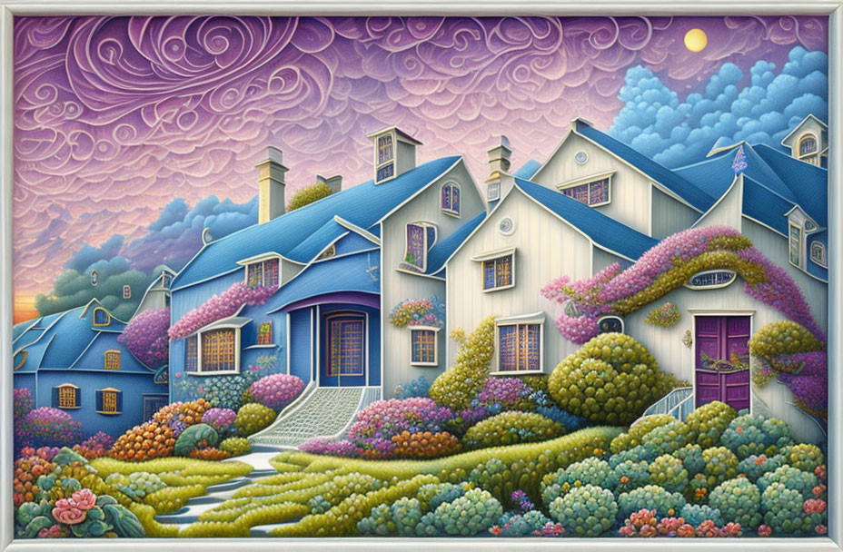 Colorful illustration of whimsical blue houses and gardens under a pink and purple sky