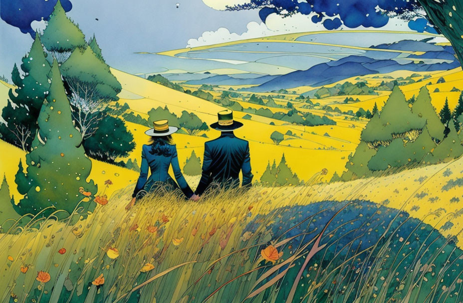 Silhouetted figures holding hands in vibrant landscape