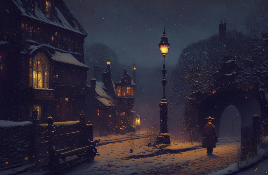 Person in coat walking snowy, lamp-lit historical street at night