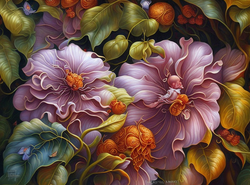 Colorful floral painting with intricate details on dark backdrop